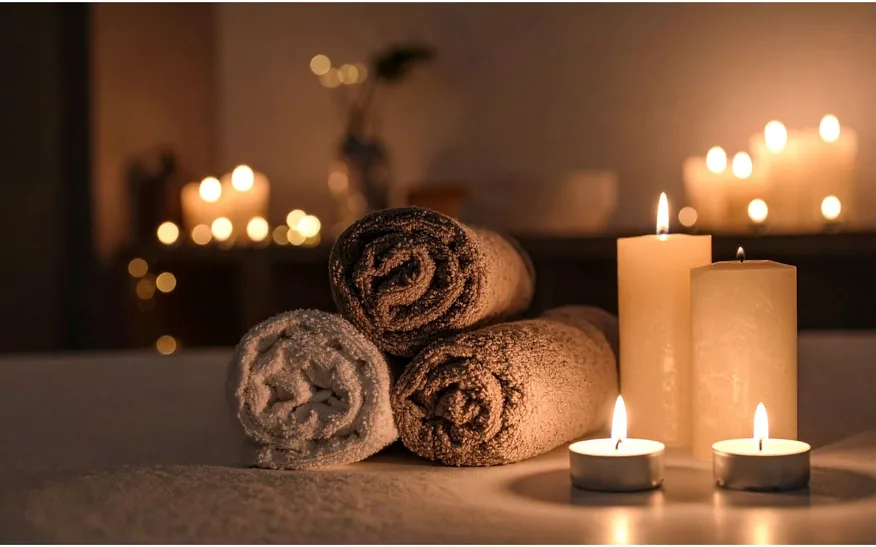Ręczniki i świece tworzące atmosferę rytuału SPA
