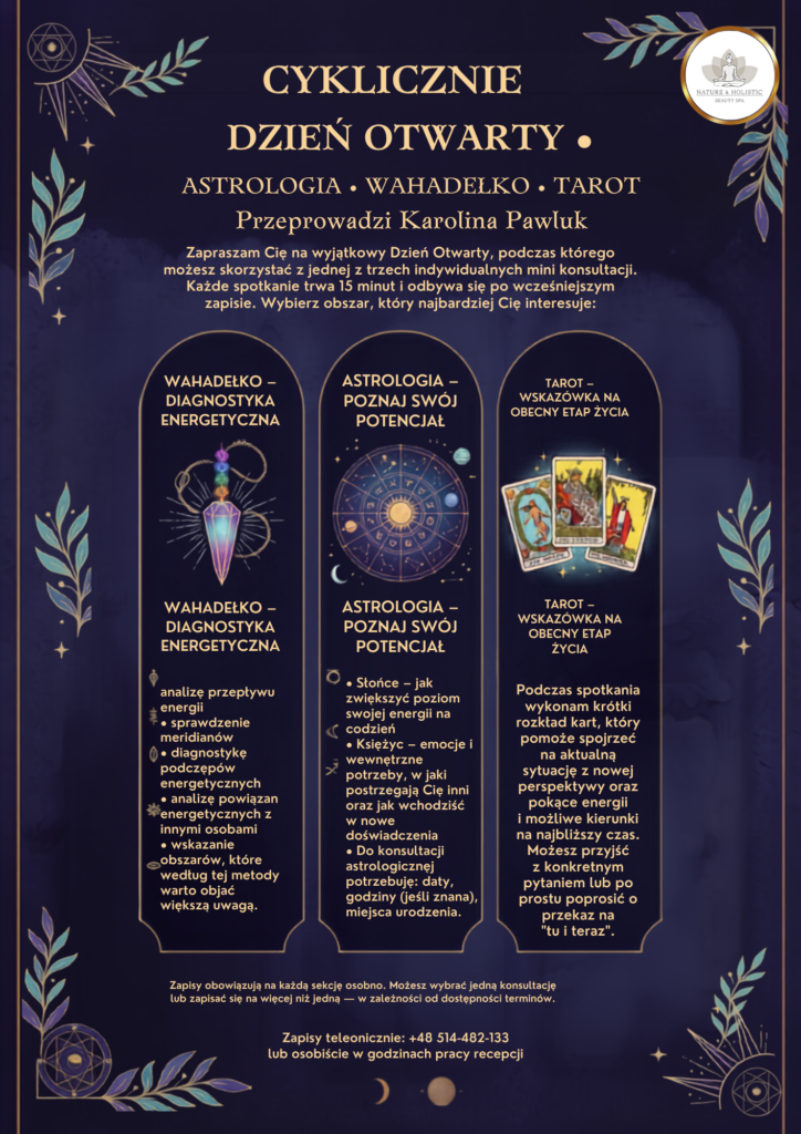 Plakat: Dzień Otwarty z Karoliną — astrologia, wahadełko i tarot
