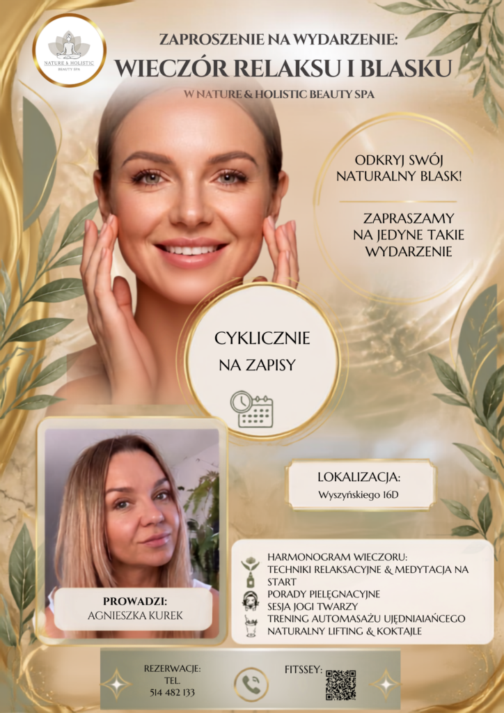 Plakat: Wieczór Relaksu i Blasku — pielęgnacja i joga twarzy