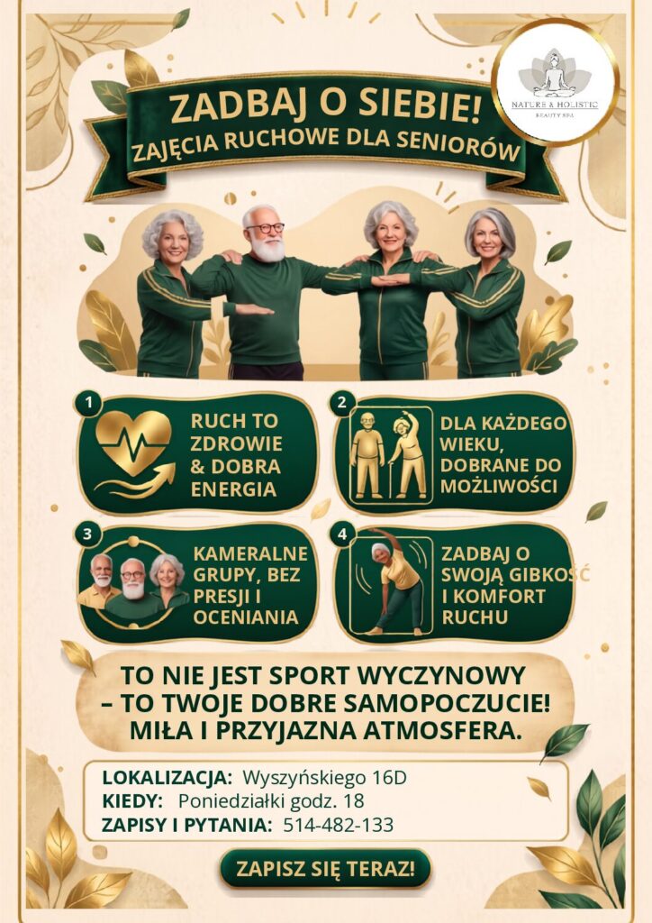 Plakat: Zajęcia ruchowe dla seniorów – ruch, sprawność i dobra energia